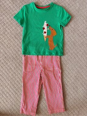 2T-3T Mini Boden Green Dachshund Ice Cream Pajama Set with Red-White Striped Pan